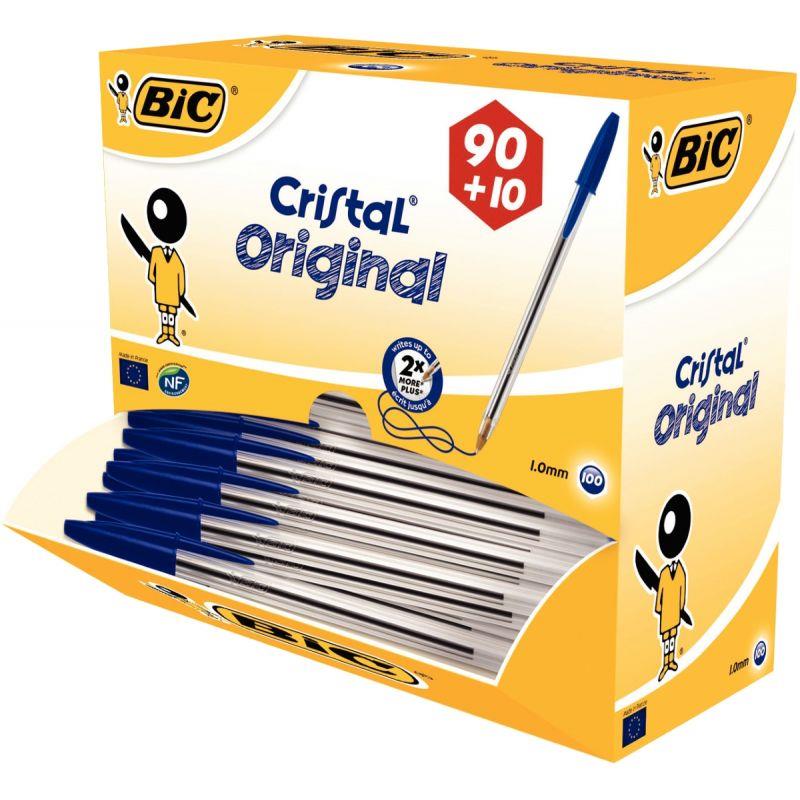 Image de  Boîte de 100 stylos Cristal pointe moyenne bleus dont 10 gratuits 