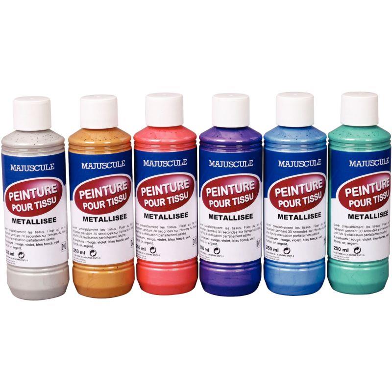 Image de  Lot de 6 flacons 250ml de peinture textile MAJUSCULE, couleurs métallisées 