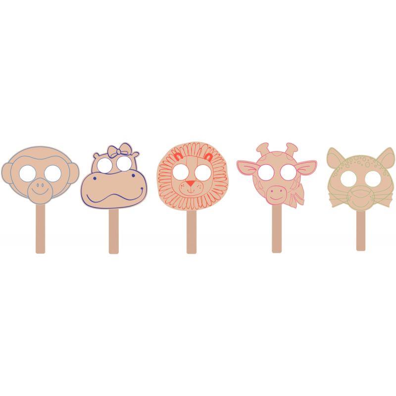 Image de  Lot de 10 masques en bois, les animaux de la savane 