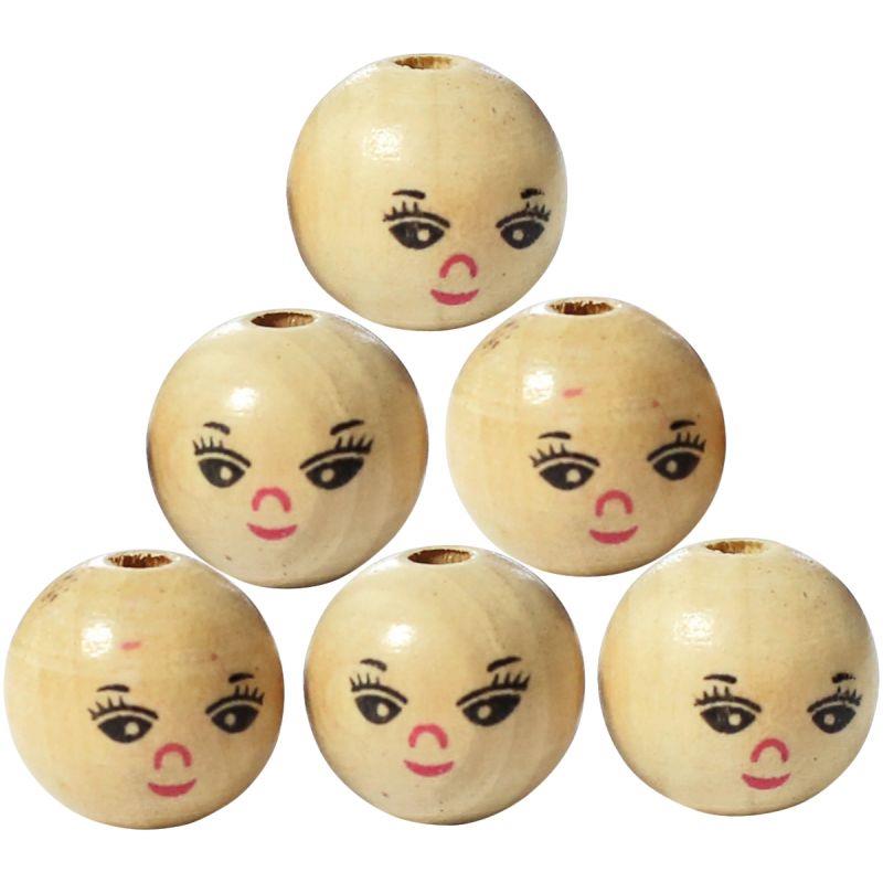 Image de  Sac de 30 perles en bois vernis forme visage 