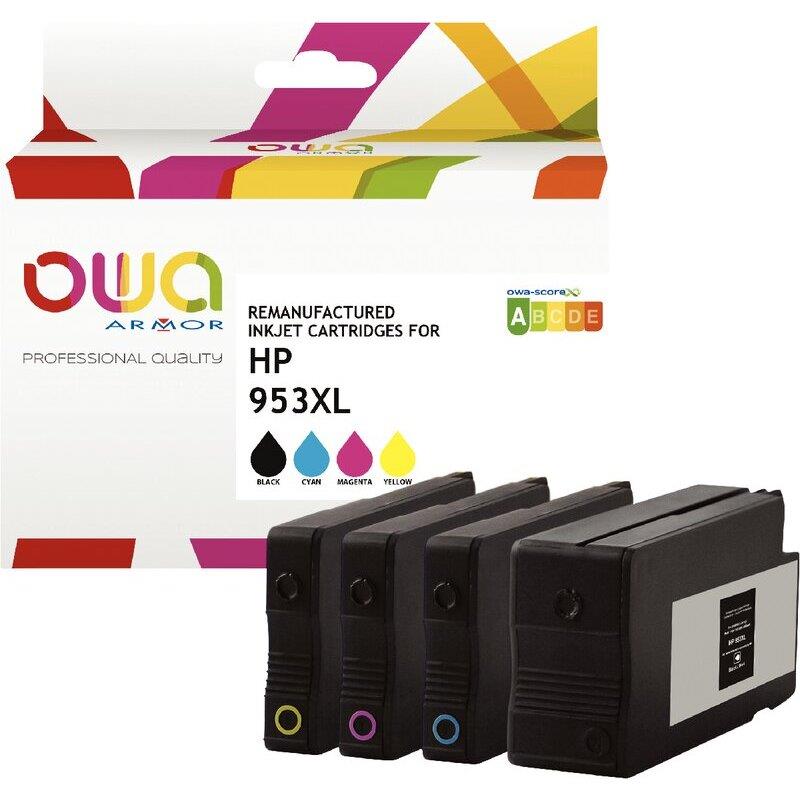 Ref. 89935, OWA Lot 4 cartouches jet d''encre NCMJ haute capacité compatible HP 953XL (3HZ52AE), marque ARMOR