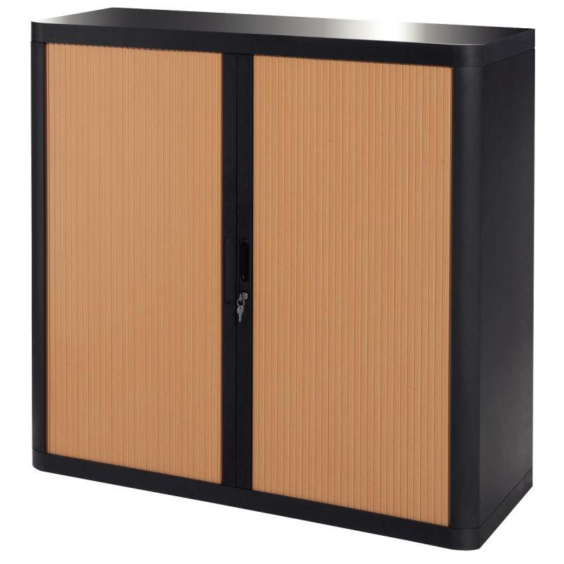 Image de  Armoire à rideaux 2 tablettes corps noir / rideaux hetre 
