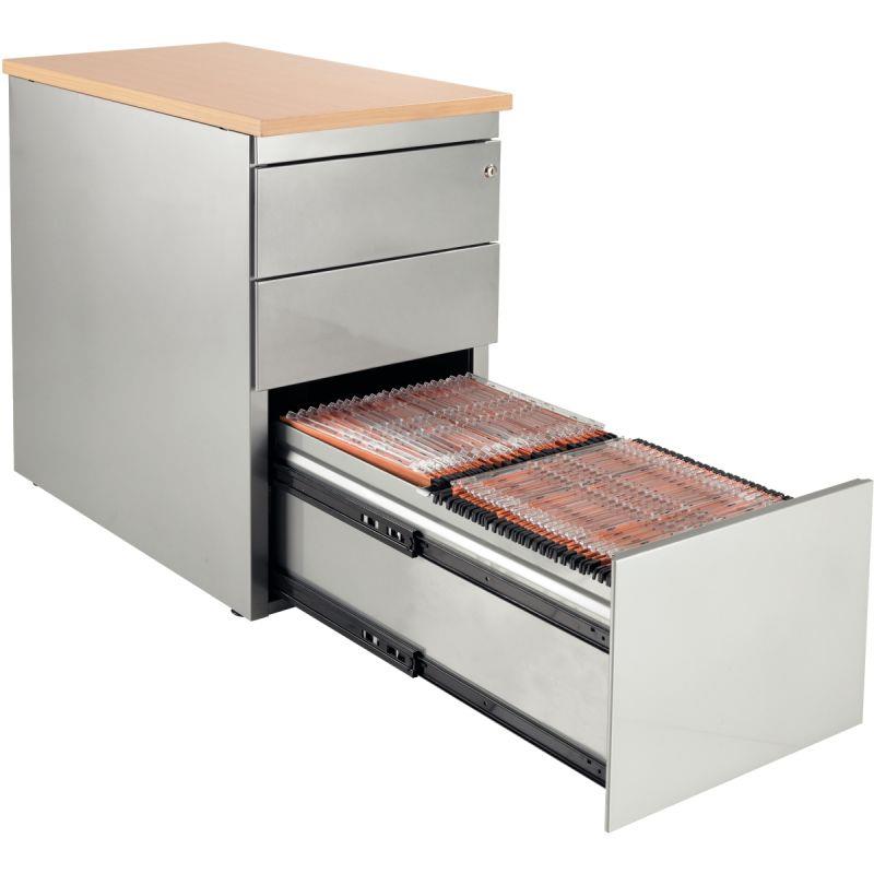 Image de  Caisson métal dessus mélamine 3 tiroirs hauteur bureau P60cm plateau chêne naturel/corps alu 