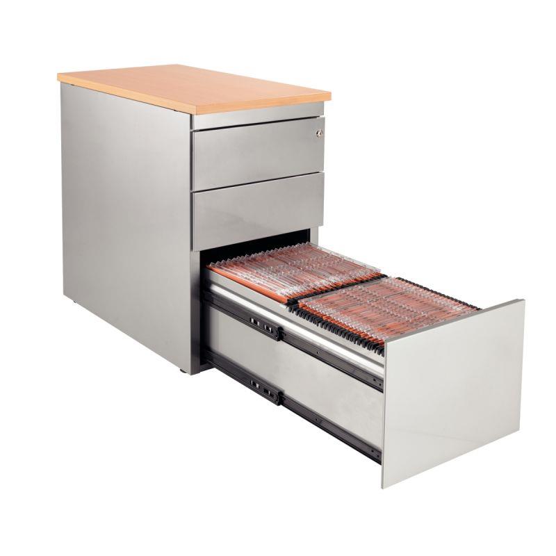 Image de  Caisson métal dessus mélamine 3 tiroirs hauteur bureau P80cm plateau chêne naturel/corps alu 