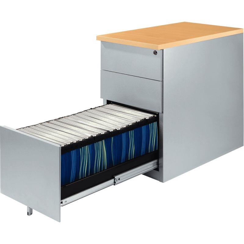 Image de  Caisson métal dessus mélamine 3 tiroirs hauteur bureau P80cm plateau hêtre clair/corps alu 