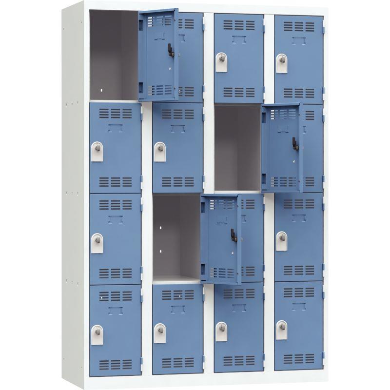Image de  Vestiaire d''atelier 4 colonnes 16 cases industrie propre L120cm portes bleu/corps gris 