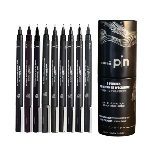 Ref. ASSTUBEPIN9002, Tube métal de 9 feutres Uni Pin, Noir, marque UNI BALL