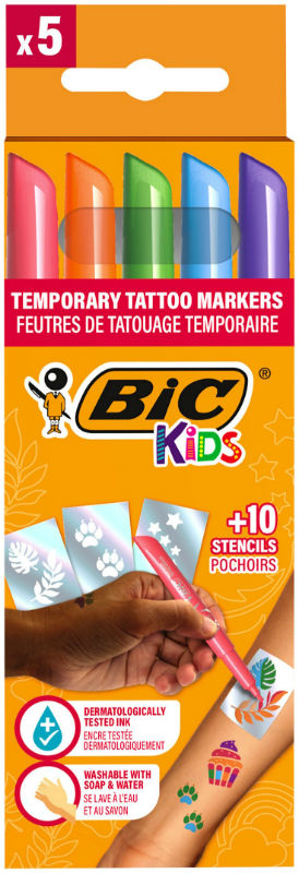 Image de  Pochettes de 5 feutres Bic Kids Tattoo + 10 pochoirs 
