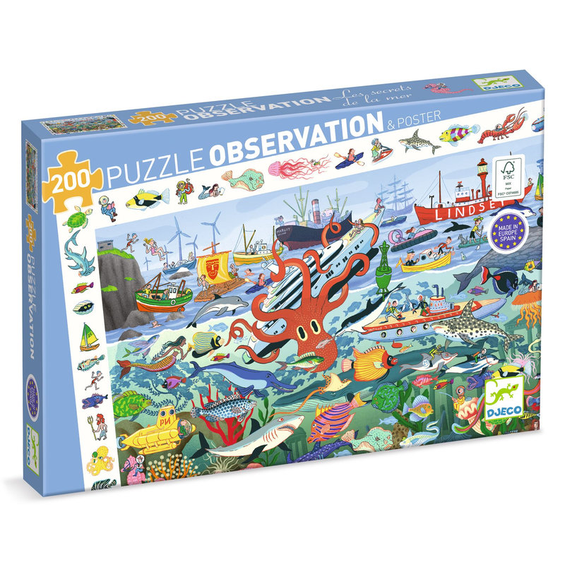Ref. DJEDJ07460, Puzzle observation les secrets de la mer 200 pcs, marque DJECO