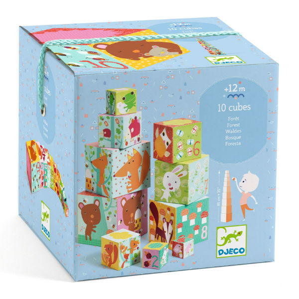 Image de  10 cubes amusants et colorés sur le thème des animaux de la forêt, leur alimentations, leurs activités. Numerotés de 1 à 10 vous pourez les classer et apprendre à compter. 