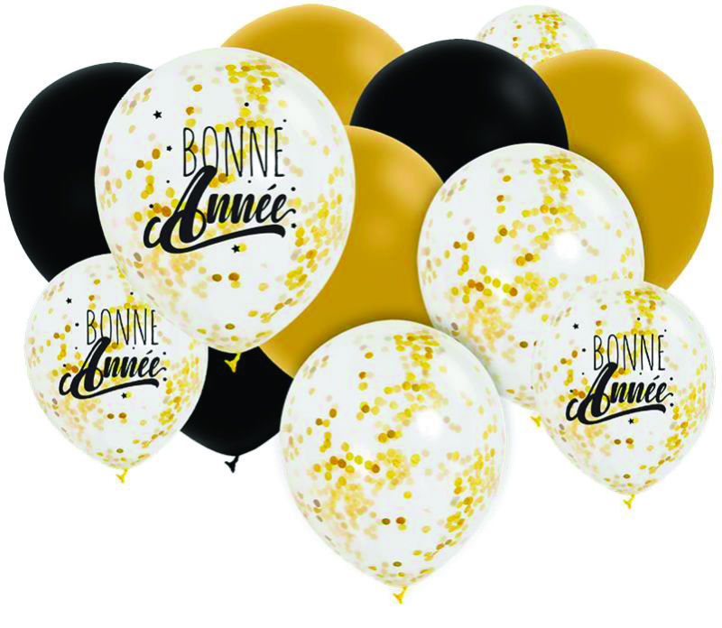 Image de  Pq 12 ballons bonne année noir, or & blanc 