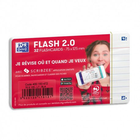 Image de  Paquet de 32 fiches bristol Flash 2.0 lignée A7 cadre blanc 