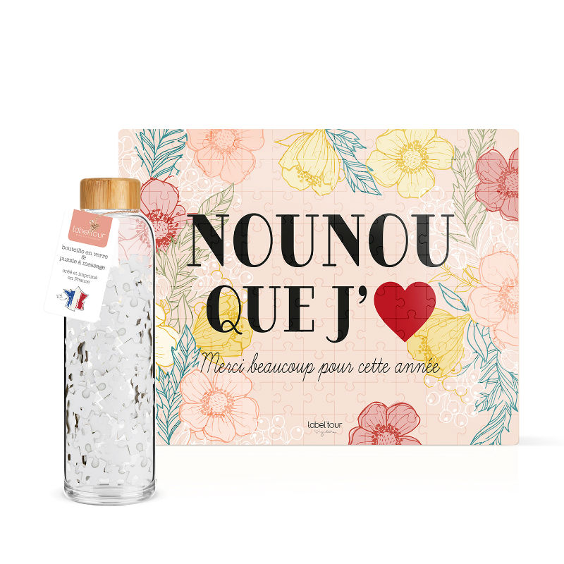 Image de  Bouteille en verre 55cl avec puzzle nounou que j'aime 