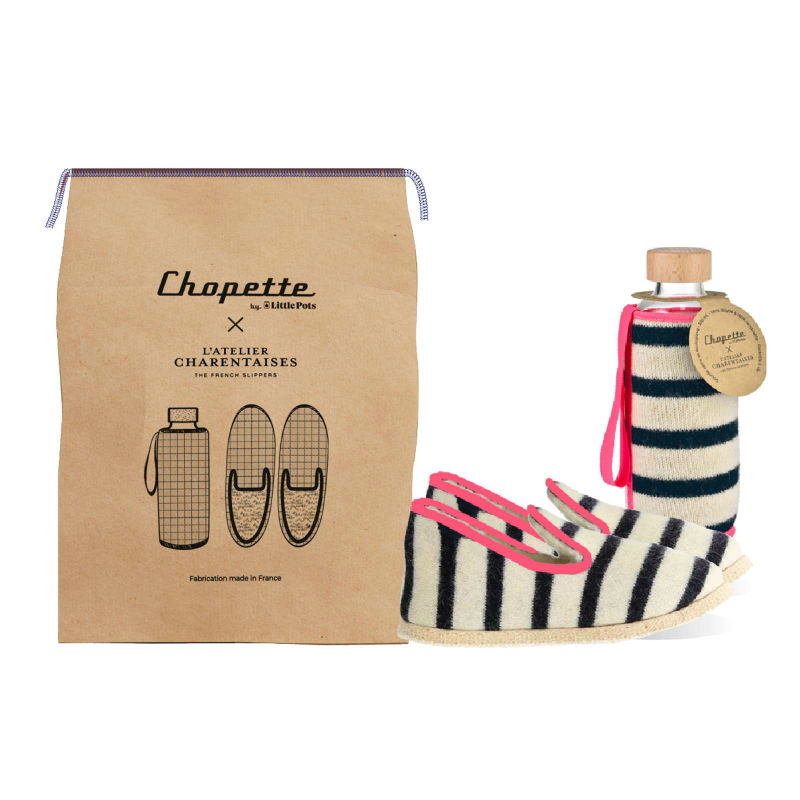 Image de  Coffret gourde 45cl & chaussons Charantaises T40 marinière 
