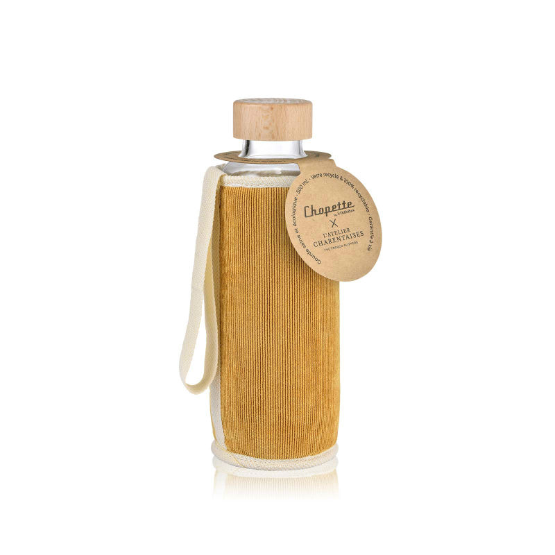 Image de  Gourde en verre Chopette avec sa housse “charentaise” moutarde. 