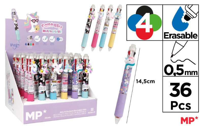 Image de  Stylo 4 couleurs effaçable licorne 