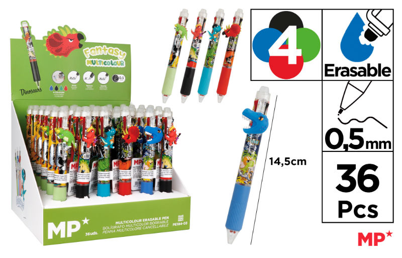 Image de  Stylo 4 couleurs effaçable dinosaures 