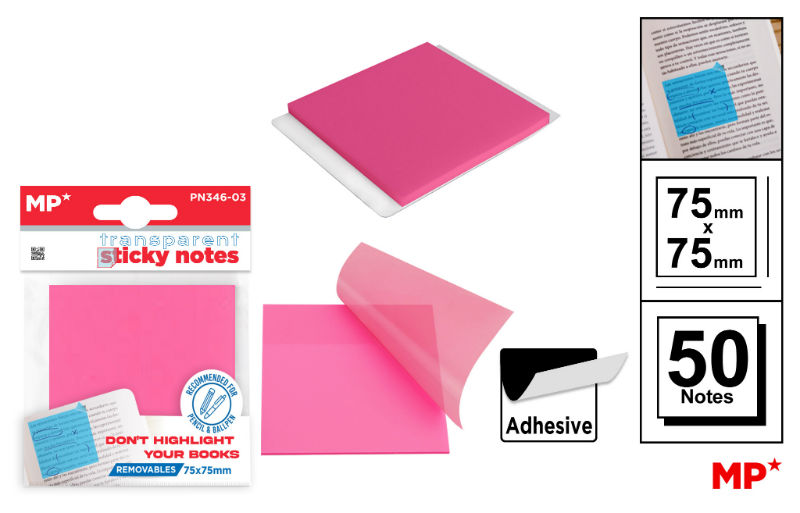 Image de  Notes adhésives transparentes 75x75mm 50f rose 