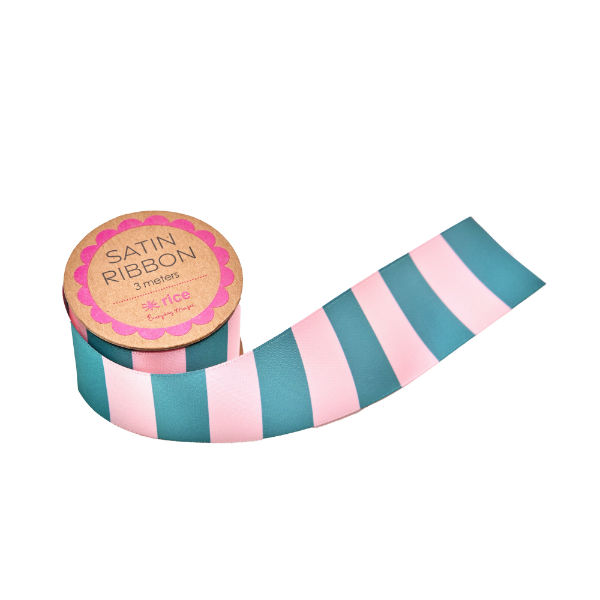 Ref. RICWRRIBSSAGI, Petit ruban satin 3M à rayures roses & vertes, marque RICE