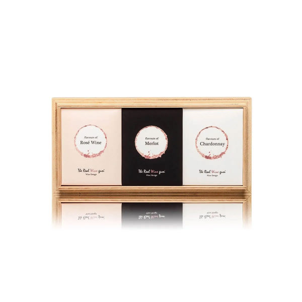 Ref. VINVINEUTRIOWOOD, Coffret cadeau bonbons gélifiés au vin Rosé, Merlot, Chardonnay
